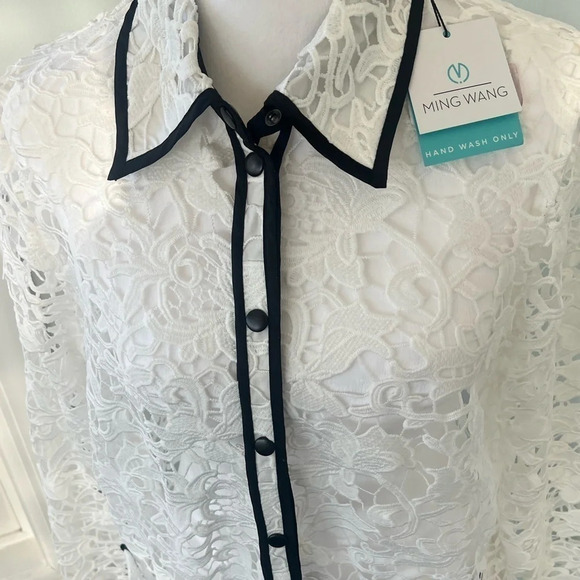 Ming Wang Sz S magnificent openwork white/black trim lace jacket Heritage lovely - Picture 2 of 15